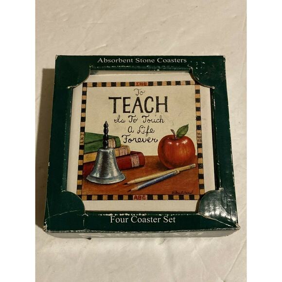 Vintage Set Of 4 Ceramic TEACHER coasters By Stone Art MADE IN THE USA - Picture 2 of 3